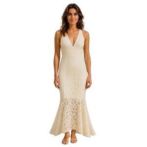 WYLDR Lace Maxi Dress S Women Cream Floral Bodycon Sheer Mermaid Flare‎ Cottage